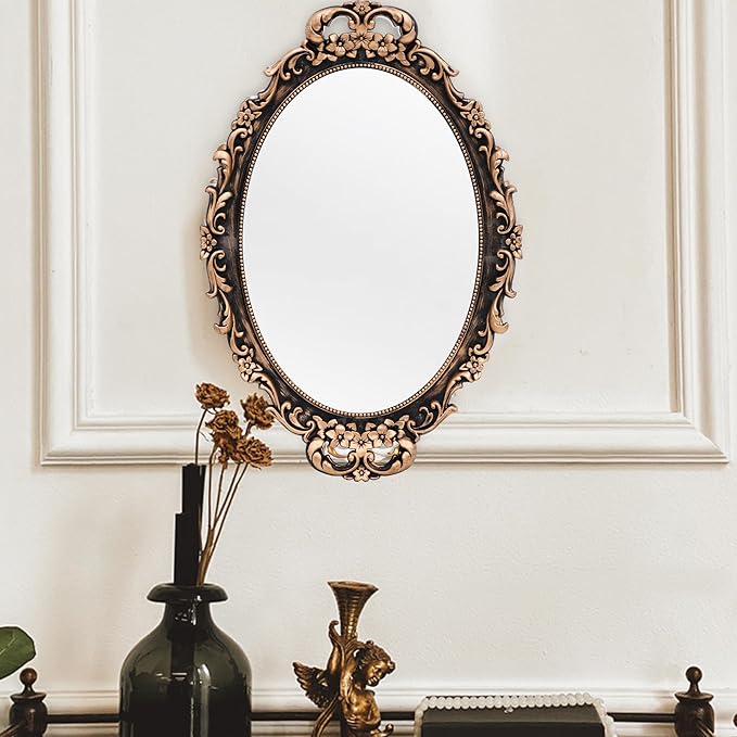 Vintage Decorative Gold Framed Mirror, Wall Hanging Mirrors & Tabletop Tray for Bedroom Living Room Dresser Decor, Oval- 9.6" W x 14.3" L (Bronze)