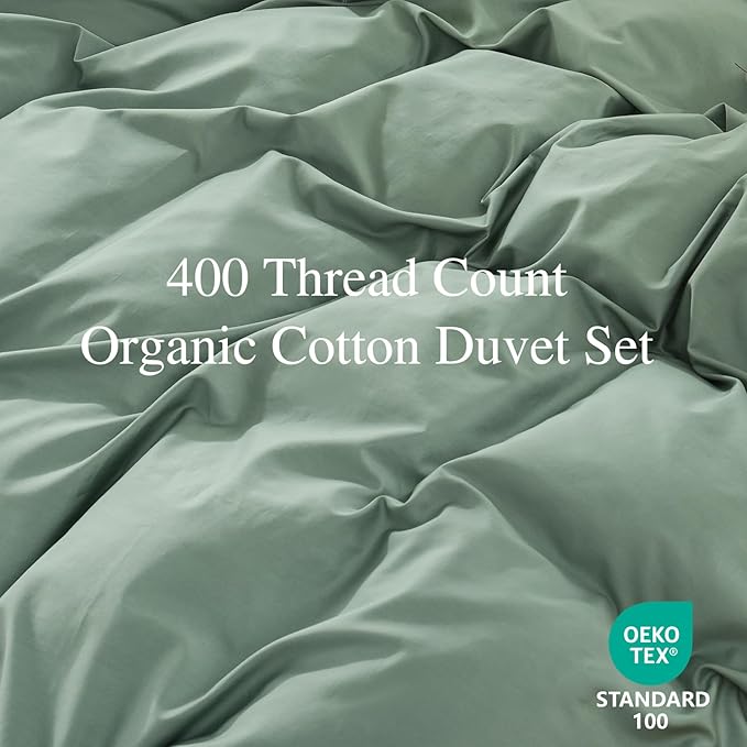 100% Organic Cotton Duvet Cover King 400 Thread Count Sateen Comforter Cover Soft and Breathable Cooling Bedding Set 3 Piece（Sage Green,King）
