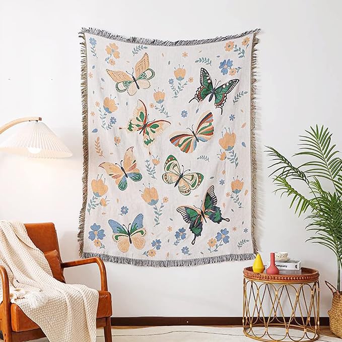 Double-Sided Cotton Woven Throw Blanket with Tassel Jungle Bohemian Style Tapestry Shawl Multi-Function Decorative Throws for Sofa Bed Armchair Camping Blanket Tablecloth Carpet 160x130cm