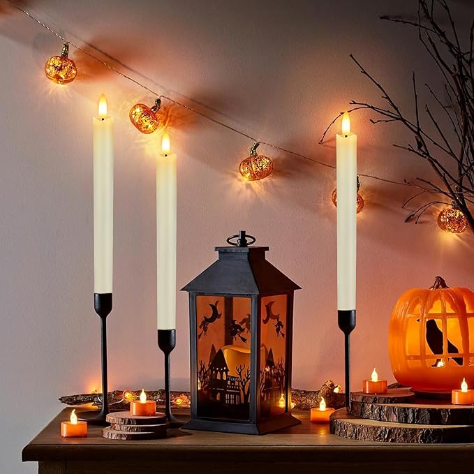 HINZER 6 Pcs Flameless Taper Candles with Remote & Timer 9.6 inch Real Wax Battery Operated LED Warm 3D Wick Flickering Window Candles for Halloween Christmas Wedding Decor, Ivory
