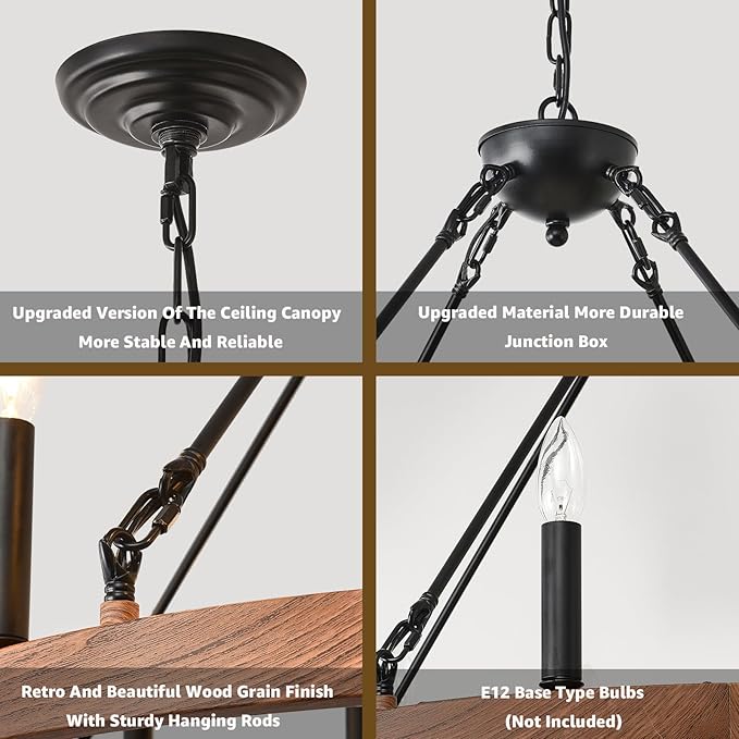 Wagon Wheel Chandelier 32" with Wood Grain Finish, 12-Light Farmhouse Dining Room Light Fixture, Modern Round Iron High Ceiling Chandeliers for Living Room, Foyer, Entryway, E12