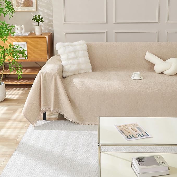 DREAMINGO Sofa Covers Washable Thick Chenille Couch Cover for 2 Cushion Couch Sofa Multi-Use Couch Cover Blanket Modern Pet Furniture Protector Sectional Couch Slipcover 91"x118", Khaki