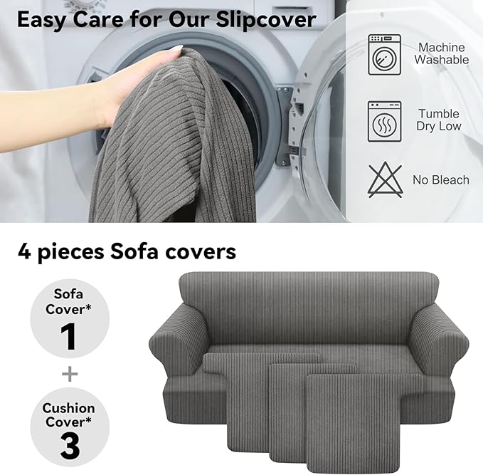 Waterproof Couch Cover 4-Piece Set Striped Sofa Slipcovers for 3 Separate T Cushion Couch - TPU Fabric Sofa Covers Leakproof Couch Protector for Kids, Pets(3 Cushion Sofa, Gray)