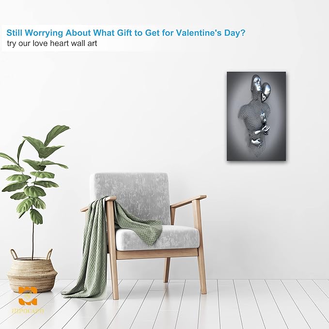 HIPOCAPO 3D Metal Effect Wall Art - Love Heart Canvas Art, Silver Decor for Modern Living Room, Romantic Couple Room Framed 12''x18''x1Pcs 3d Art-15