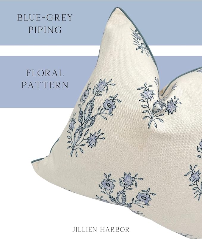 “The Mary” Periwinkle Floral Block Print Pillow Cover – Blue and White Decorative Throw Pillow Cover – Grandmillennial Home Decor, 19" x 19"