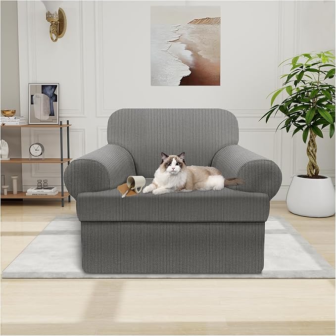 Waterproof Chair Cover with Arms 2-Piece Set Striped Slipcover for 1 Separate T Cushion Couch - TPU Fabric Armchair Covers Leakproof Couch Protector for Kids, Pets(Chair, Gray)
