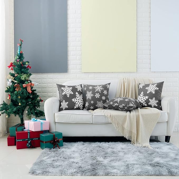 HWY 50 Grey Gray Decorative Throw Pillow Covers 16x16 Inch for Couch Sofa Living Room Bed, Soft Christmas Big and Small Snowflakes Print Throw Pillows Cases Set Cushion Cover Pack of 2