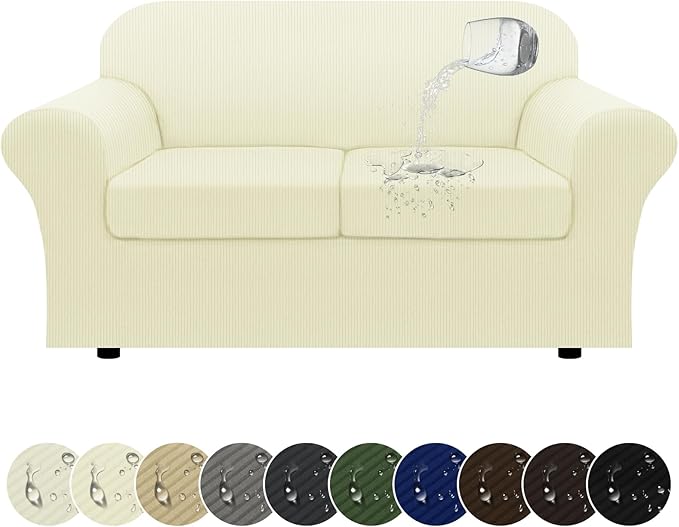 100% WaterproofLoveseat Cover 3-Piece Set Striped Loveseat Slipcovers for 2 Cushion Couch Sofa Covers with TPU Leakproof Bottom Stretch Couch Protector Pet Proof - Loveseat, Beige