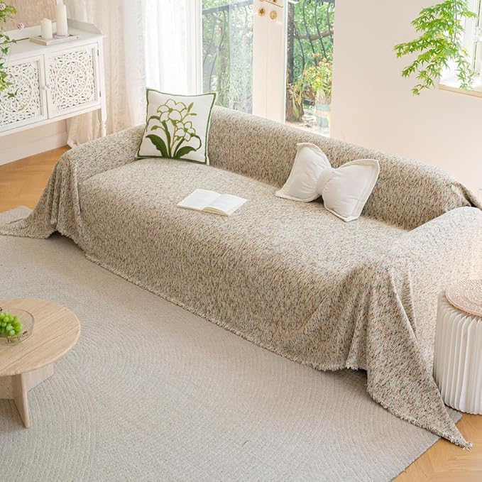 ROOMLIFE Boho Beige Couch Cover for Dogs, Washable Non Slip Furniture Protector Couch Sofa Covers for 3 Cushion Couch, Soft Chenille Couch Cover Throw Blanket with Tassels 71''X150''