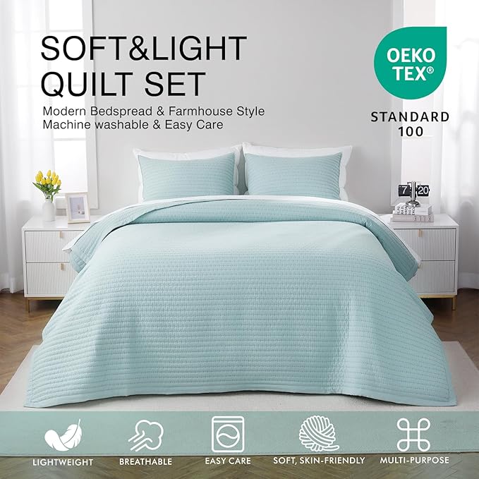 Queen Quilt Set – 90"x90" Soft Washed 3-Layer Lightweight Bedspread with Multi-Lock Quilting, Minimalist Nordic Bedding, All-Season Quilt Set for Spring & Summer (1 Quilt + 2 Pillow Shams), Green