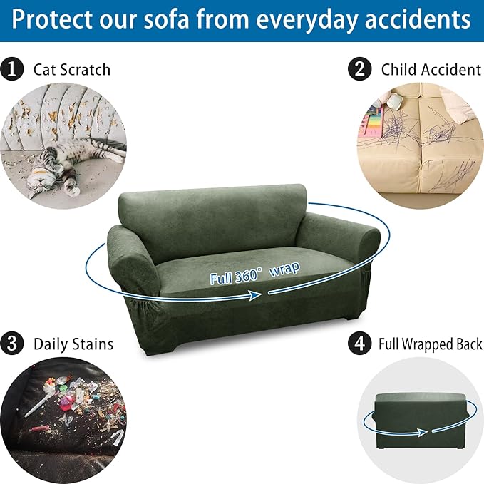 Loveseat Sofa Slipcover Leather Look Couch Covers for 2 Seater Couch Sofa 1-Piece Sofa Cover Stretch Furniture Protector with Elastic Bottom & Pockets(Loveseat, Army Green)