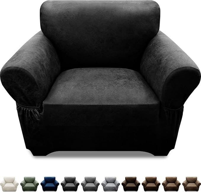 Single Sofa Cover Leather Look Chair Covers for Living Room 1-Piece Sofa Chair Covers with Arms Stretch Furniture Protector with Elastic Bottom & Pockets(Armchair, Black)