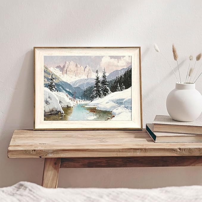 XOCUUI Vintage Unframed Canvas Wall Art, Snow Stream River Tree Cloud Winter Christmas Wall Art, Farmhouse Landscape Art Hanging Paintings for Living Room Bathroom Bedroom,8x10in