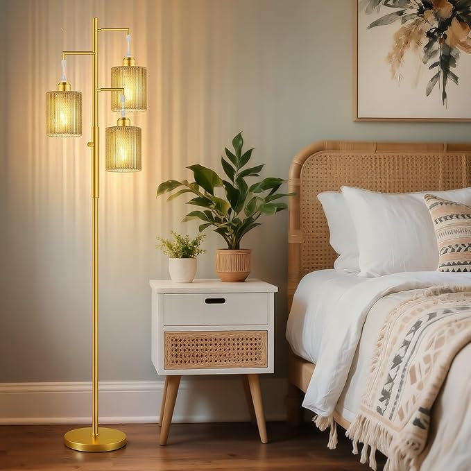 Hotsonic 72" Tall Boho Floor Lamp, Dimmable Standing Lamp with Handcrafted Rattan Beige Shade, Industrial Tree Floor Lamps for Living Room, Bedroom, Study Room, Office(3x800LM LED Bulbs Included)-Gold