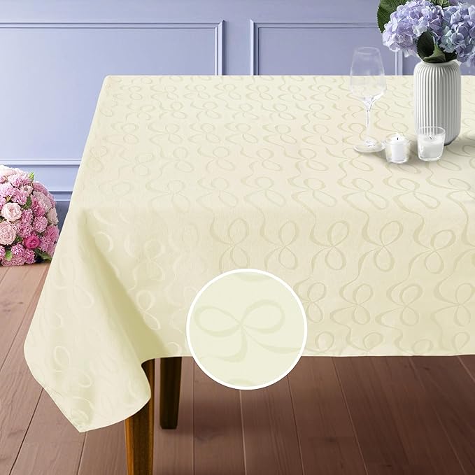 Champagne Tablecloth (Seats 8-10), Jacquard Tablecloths for Rectangle Tables 60"x102" (5-7ft) - Cotton & Polyester Blended, Washable & Reusable, 1PC Cream Table Cover for Dinner & Banquet, Ivory Bows