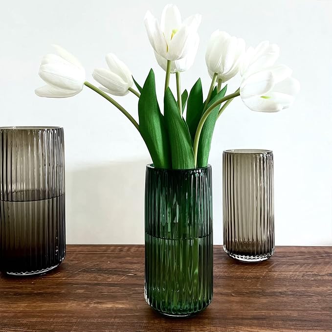 BUICCE Hand Blown Wide Mouth Ribbed Glass Flower Vase for Farmhouse Decor,Round Vintage Foding Bottles for Kitchen Dining Table Cafe Home Shelf Wedding Centerpiece.