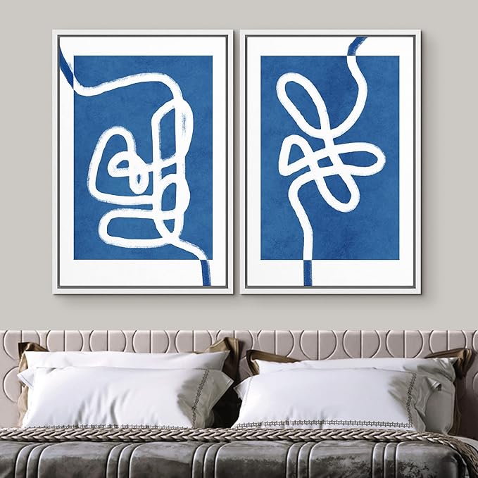 SIGNWIN Framed Wall Art Print Set White Line Contrasting Blue Backround Abstract Swirly Digital Art Modern Art Mid-Century Modern Expressive for Living Room, Bedroom, Office - 24"x36"x2 White