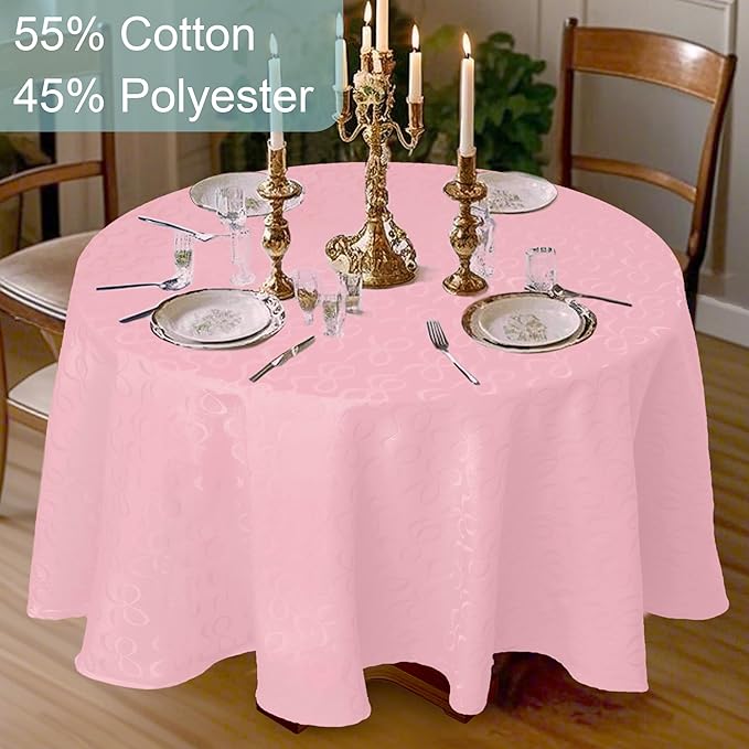 Pink Round Tablecloth, 1PC Circle Table Cover 70" (Seat 4-6) - Cotton Polyester Blend,Fade Resistant, Washable & Reusable - Luxury Jacquard Table Cloth for Birthday Parties & Weddings, Bows Design