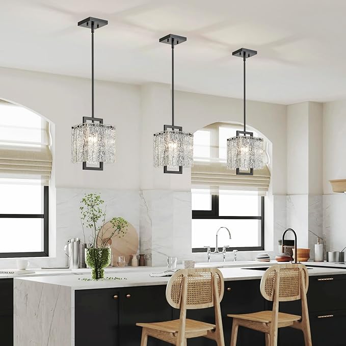 Shrine Lighting Black Chandeliers, Modern Glass Pendnat Light for Dining Room, D6.3''×H19.5'', Adjustable 50.8'', 1 x E12 Sockets, Glass LampShade & Black Finish Frame