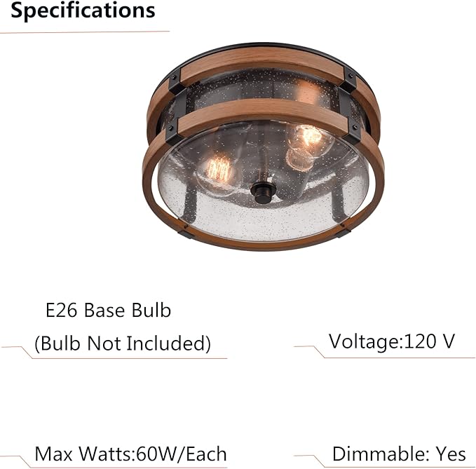 Farmhouse Ceiling Light Fixture 2-Light Hallway Ceiling Light in Black & Rustic Wood Grain Finish with Clear Seeded Glass Shade
