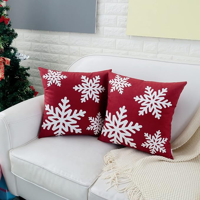 HWY 50 Red Decorative Throw Pillow Covers 20x20 Inch for Couch Sofa Living Room Bed, Soft Square Throw Pillows Cases Set Cushion Cover with Christmas Snowflakes Print Pack of 2