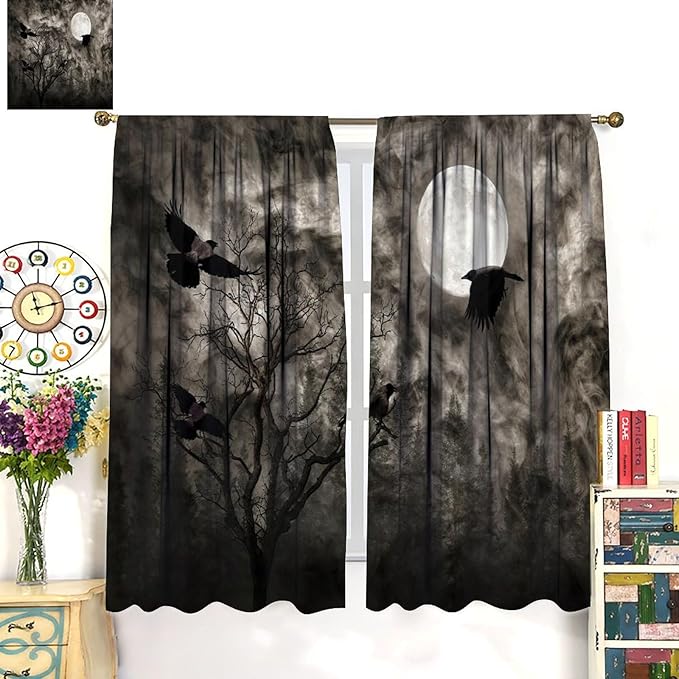 Gothic Crow Blackout Window Curtains, Gothic Style Dark Sky Full Moon Raven Halloween Pattern Window Drapes, for Home Bedroom Living Room 27.5(W)*63(L) 2 Panels