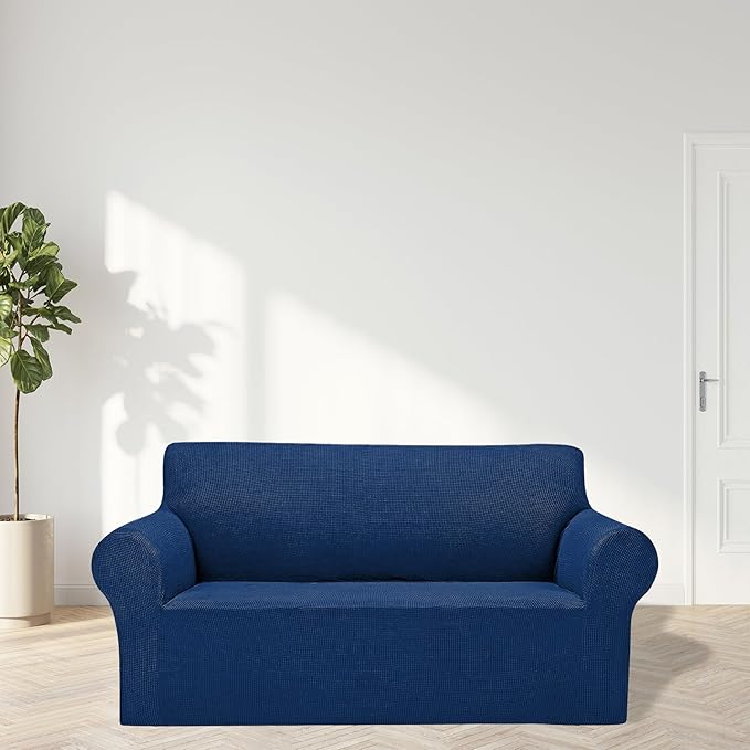 Cupuamon 2025 New Stretch Loveseat Sofa Slipcovers Couch Cover for 2 Cushion Furniture Protector Sofa Covers with Elastic Bottom Jacquard Fabric Small Checks for Pets, Kids - Classic Blue
