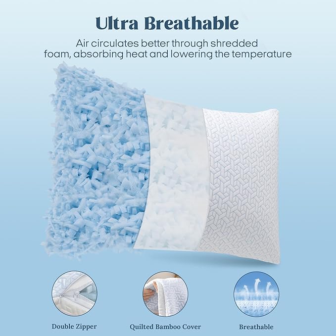 puredown® Cooling Shredded Memory Foam Pillows Standard Size Set of 2,Adjustable Foams Bed Pillow for Sleeping with Zipper Removable Pillow Cover，20x26In