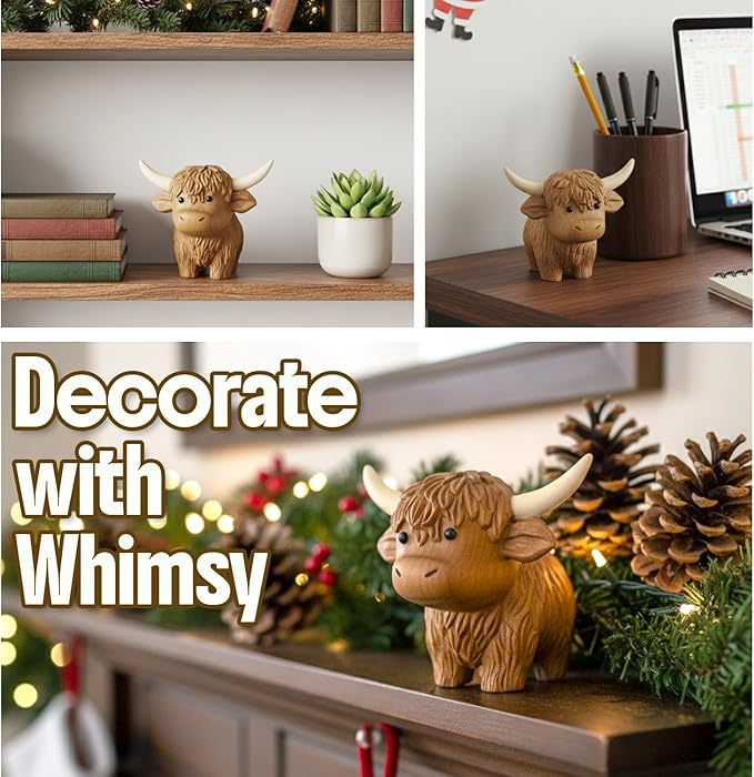 Hand Carved Wooden Highland Cow Figurine - Handmade Rustic Farmhouse Animal Decor, Solid Wood Miniature Sculpture, 3.5" Artisan Wooden Gift for Desk, Shelf, or Nursery