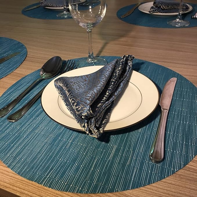 WAZAIGUR Round Placemats Set of 6 Woven Vinyl Easy to Clean Heat Resistant Kitchen Table Mats 15 Inch(Blue 6)