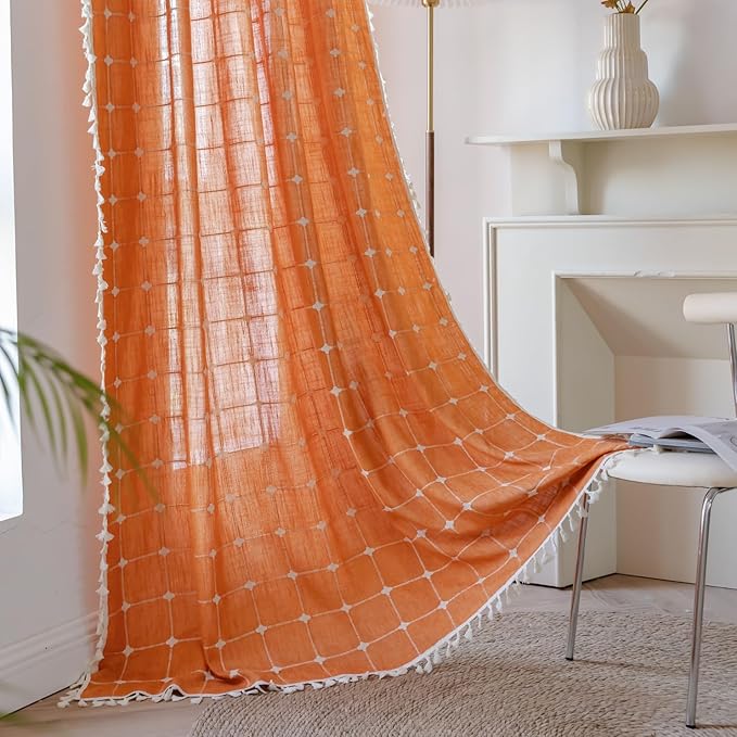Sutuo Home Terracotta Boho Curtains for Kitchen,Semi Blackout Linen Plaids Farmhouse Tassels Window Treatment Bohemian Embroidery Drape for Fall Decor, Rod Pocket 1 Panel 52" W x 63" L, Burnt Orange