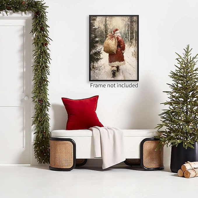 Santa Claus in Winter Forest Poster Vintage Christmas Holiday Canvas Wall Art Cozy Nature Christmas Tree Oil Painting Prints for Cottagecore Bedroom Wall Decor 16x24 inch Unframed