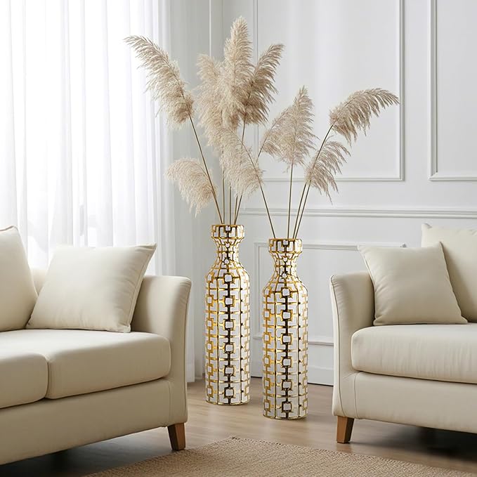 Pair of 24.4" Tall Ceramic Cylinder Vases with Geometric Gold Accents, Large Flower Vase, Decorative Vase - Modern White & Gold Floor Vases for Living Room, Entryway Decor (Set of 2)