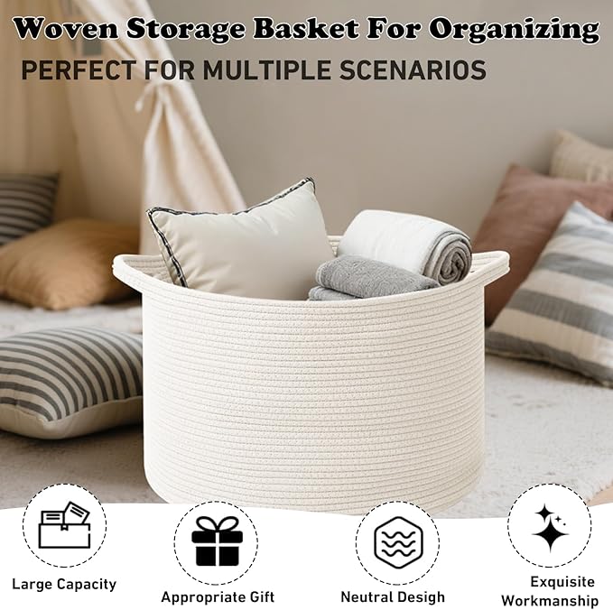 Large Blanket Basket for Organizing,65L Closet Organizers and Storage Bins Box for Shelves Woven Rope Storage Baskets,Living Room,Bedroom,Dorm,Laundry room (White)