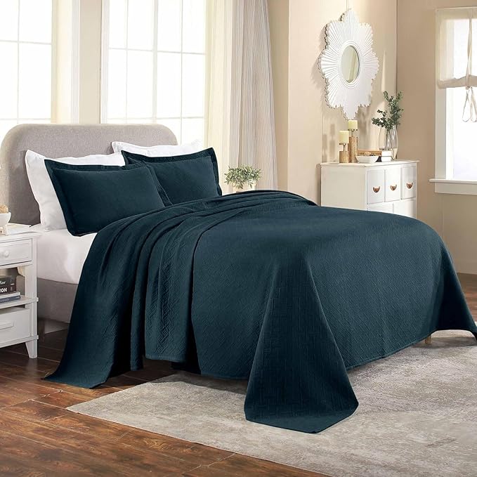 Superior 100% Cotton Basket Weave Bedspread with Shams, All-Season Premium Cotton Matelasse Jacquard Bedding, Quilted-Look Geometric Basket, Full, Deep Sea