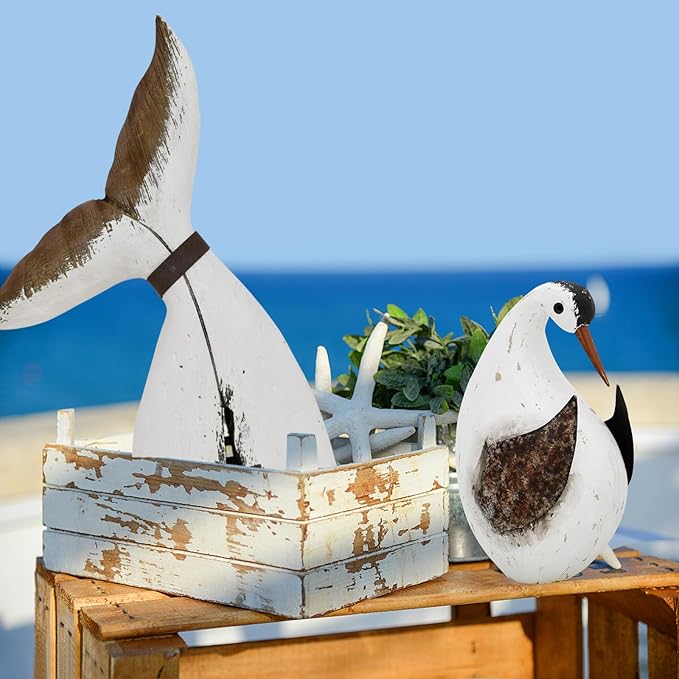 Wood Bird Statue Standing Seagull Nautical Decor Coastal Birds Sculpture Indoor Outdoor Animal Figurine Beach Themed Decoration Rustic Home Art for Bedroom Garden (B, M)
