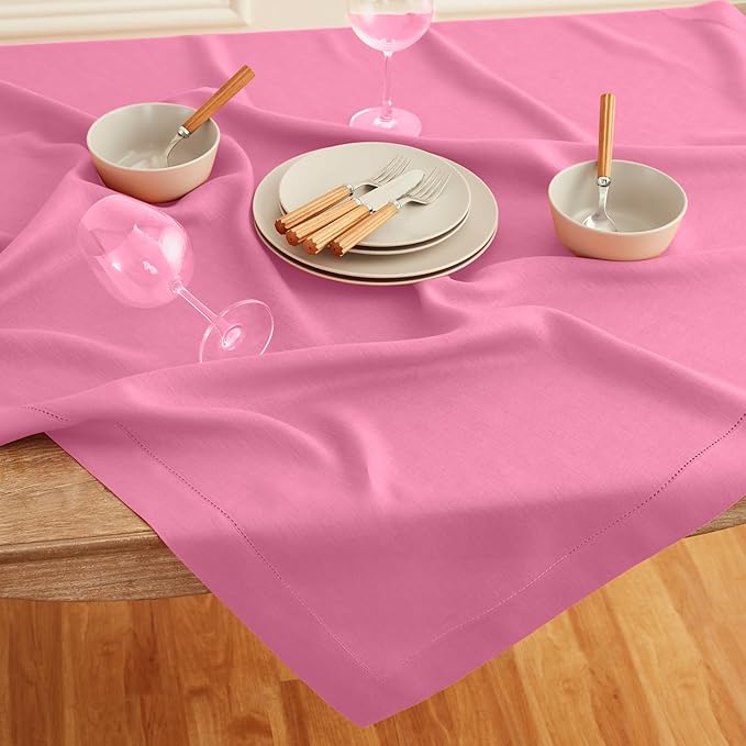 Solino Home Linen Flamingo Pink Tablecloth 60 x 144 Inch - Classic Hemstitch, 100% Pure Linen Rectangular Tablecloth - Machine Washable Table Cloth