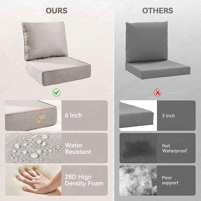6" Thick Outdoor Cushions 22x24x6, 1-Set Deep Seat Patio Cushions with Removable Cover, Waterproof & Fade Resistant Replacement for Wicker Chair, Loveseat, Sofa - Beige-1pcs