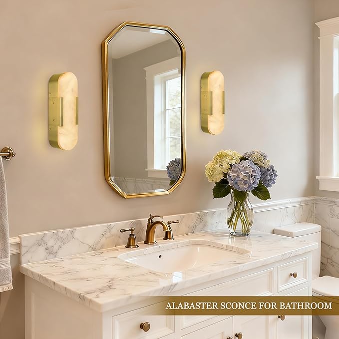 Alabaster Wall Sconce 13.8in Natural Spanish Marble Wall Sconces, Dimmble Gold Modern Bathroom Sconces Vanity Lighting, Antique Brass Sconce Wall Lighting for Living Room, Bedroom, Hallway, Stairs