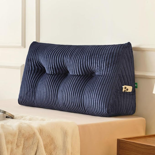 Z-hom Twin Headboard Pillow, Triangular Wedge Reading Pillow for Bed or Sofa, Ergonomic Backrest Cushion for Sitting Up, Reading or Relaxing, with Side Pocket，Removable Washable Cover,Blue
