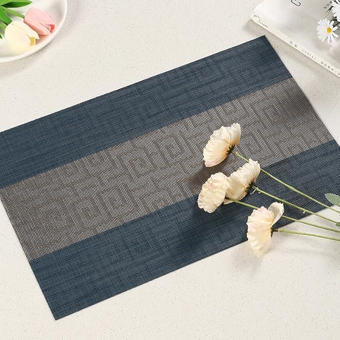 FAVE Placemats Set of 4 Indigo Blue Woven Placemats Durable and Wipeable Vinyl Placemats Heat Resistant Table Mats Set of 4 High Texture Place Mats for Kitchen Table (Indigo Blue, 12"x18"-4PCS)
