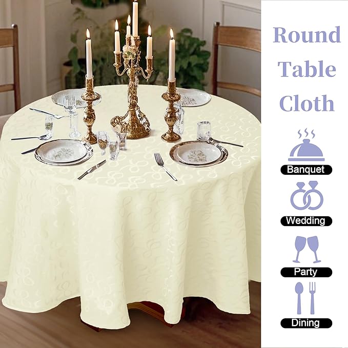 Round Tablecloth 70 Inch (4-6 Seat) - Cotton Polyester Blend, Wrinkle/Fade Resistant, Reusable - Luxury Jacquard Table Cloth - 1PC Circle Table Cover for Dining, Wedding & Birthday Party, Cream Bows