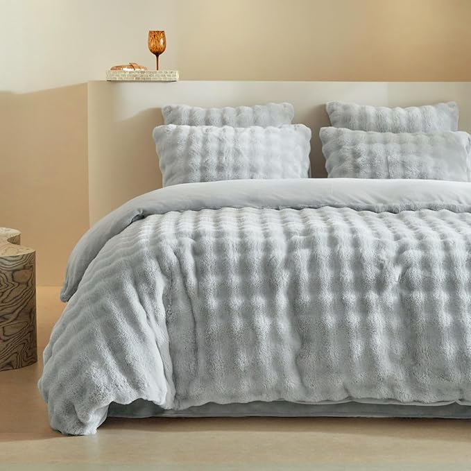 Tokokimo Grey Fluffy Duvet Cover King Size, Ultra Soft & Warm Faux Fur Duvet Cover Set, 3 Pcs Flannel Fuzzy Comforter Cover Grey Bedding Set (1 Duvet Cover & 2 Pillowcases)