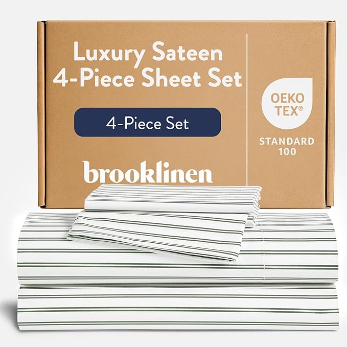 Brooklinen Luxury Sateen 4 Piece Sheet Set - 100% Cotton Bed Sheets, Durable Cali King Size Sheets Set in Green Tandem Stripe, Oeko-TEX Certified Bedding Set,1 Fitted Sheet,1 Flat Sheet,2 Pillowcases