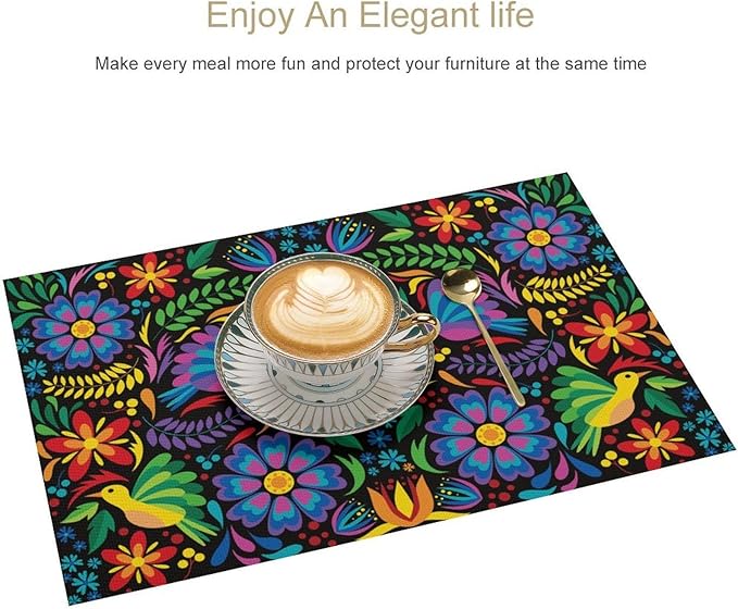 Mexican Flroal Birds Placemat Set of 4, 12x18 Inch Black Colorful Mexico Floral Fiesta Birds Talavera Dia De Los Muertos Day of The Dead Coffee Table Mats for Outdoor Kitchen Dining Table Decoration
