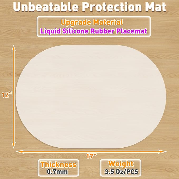 Oval Silicone Placemat Set of 4,Heat Resistant Placemats, Silicone Table Mats,Non-Slip Dining Mat for Home,Waterproof Easy Clean Kids Placemats,17"x12" LSR Translucent (4Pcs, White)