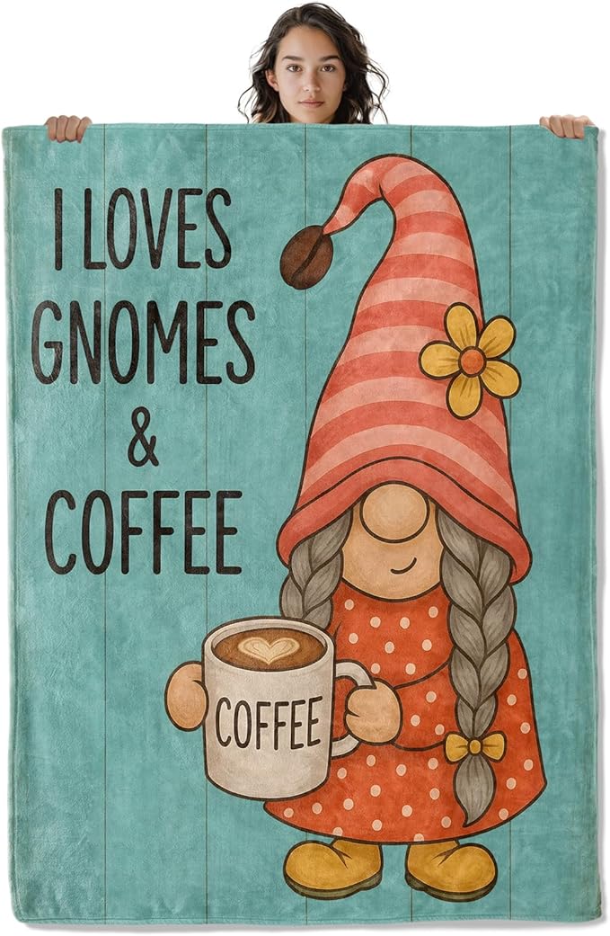 Cute Gnome Blanket, Coffee Rustic Style 80 x 60 Inch Flannel Throw Blanket, Gifts for Women Kids, Lightweight Cozy Warm Blankets for Sofa Travel Home Decor
