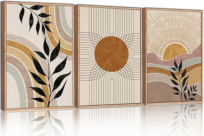 HPINUB Boho Framed Canvas Wall Art Prints, Set of 3 Mid Century Modern Wall Decor, Nature Plants Desert Sun Art Paintings, Bohemian Artwork for Living Room, Bedroom, Dining Room, Office - 24"x36"x3