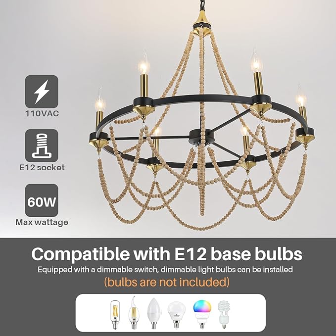 COCOSTAR Black Beaded Chandelier Boho Ceiling Light Fixture, Candle Wagon Wheel Chandeliers with 6-Light,Modern Farmhouse Hanging Lighting with Wooden Bead Pendants for Dining Room, 28 Inch