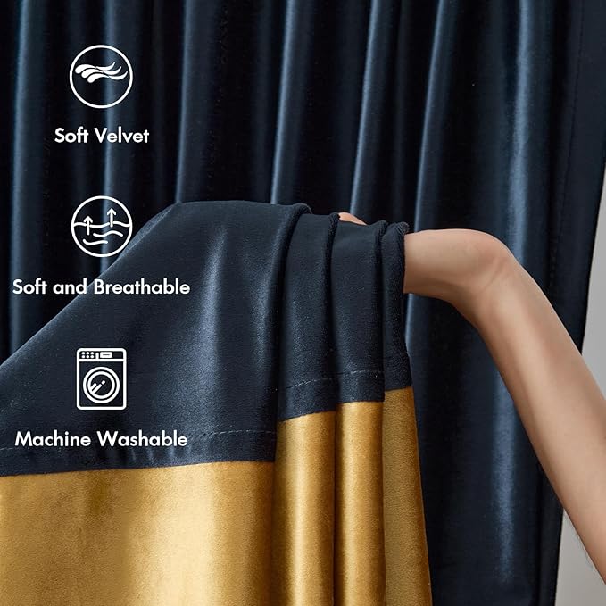 Velvet Curtains 90 inches Long for Living Room Navy Blue Gold,2 Panels Blackout Curtains Modern Color Block Back Tab Rod Pocket Soundproof Drapes for Bedroom Window Decor